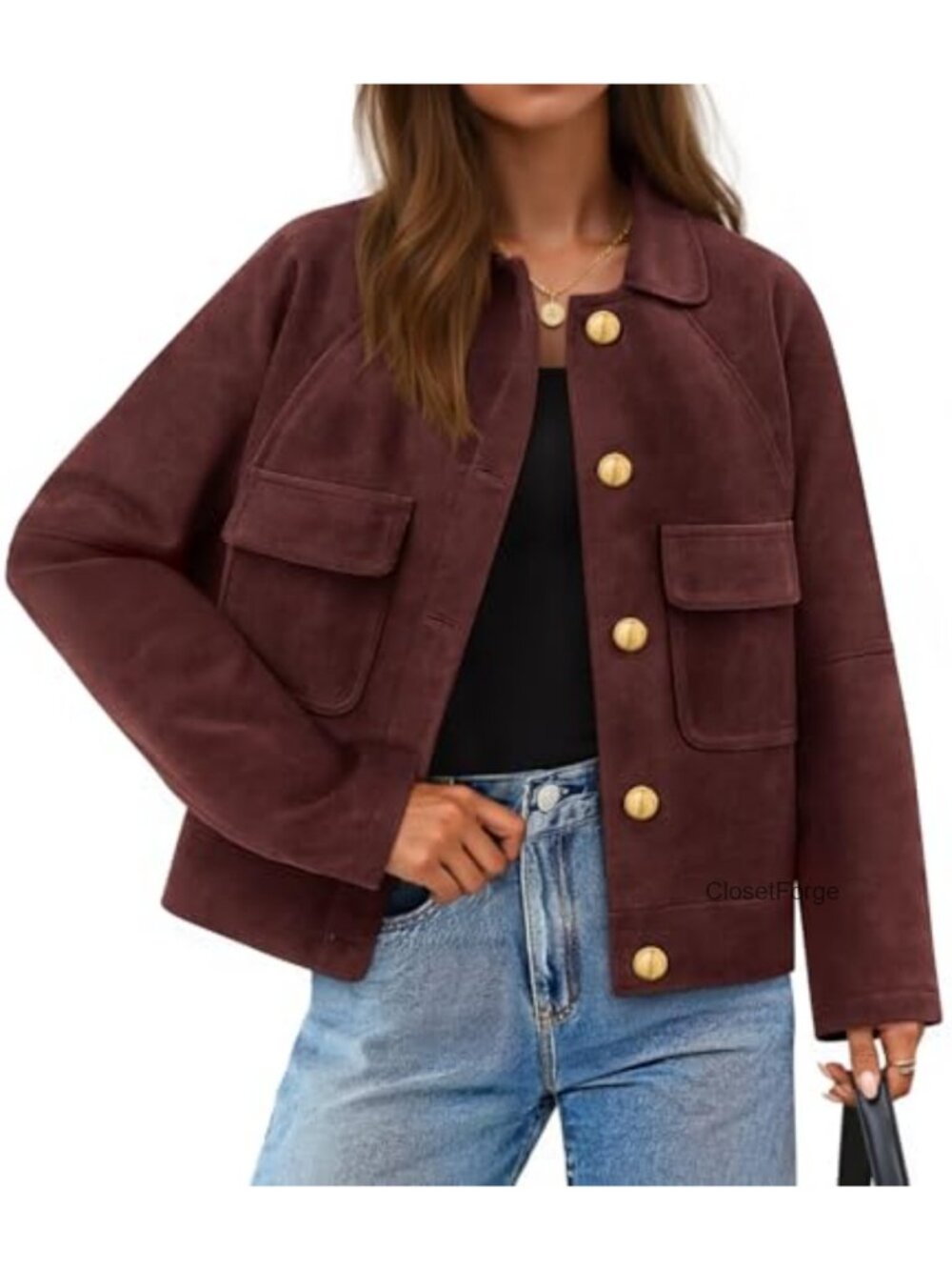 Faux Suede Button Down Crop Jacket Long Sleeve Casual Coat